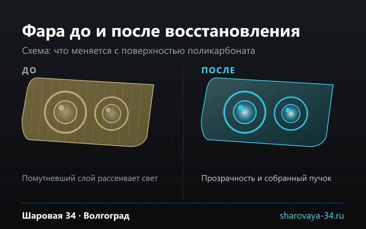 Схема: помутневшая фара рассеивает свет, восстановленная даёт собранный световой пучок